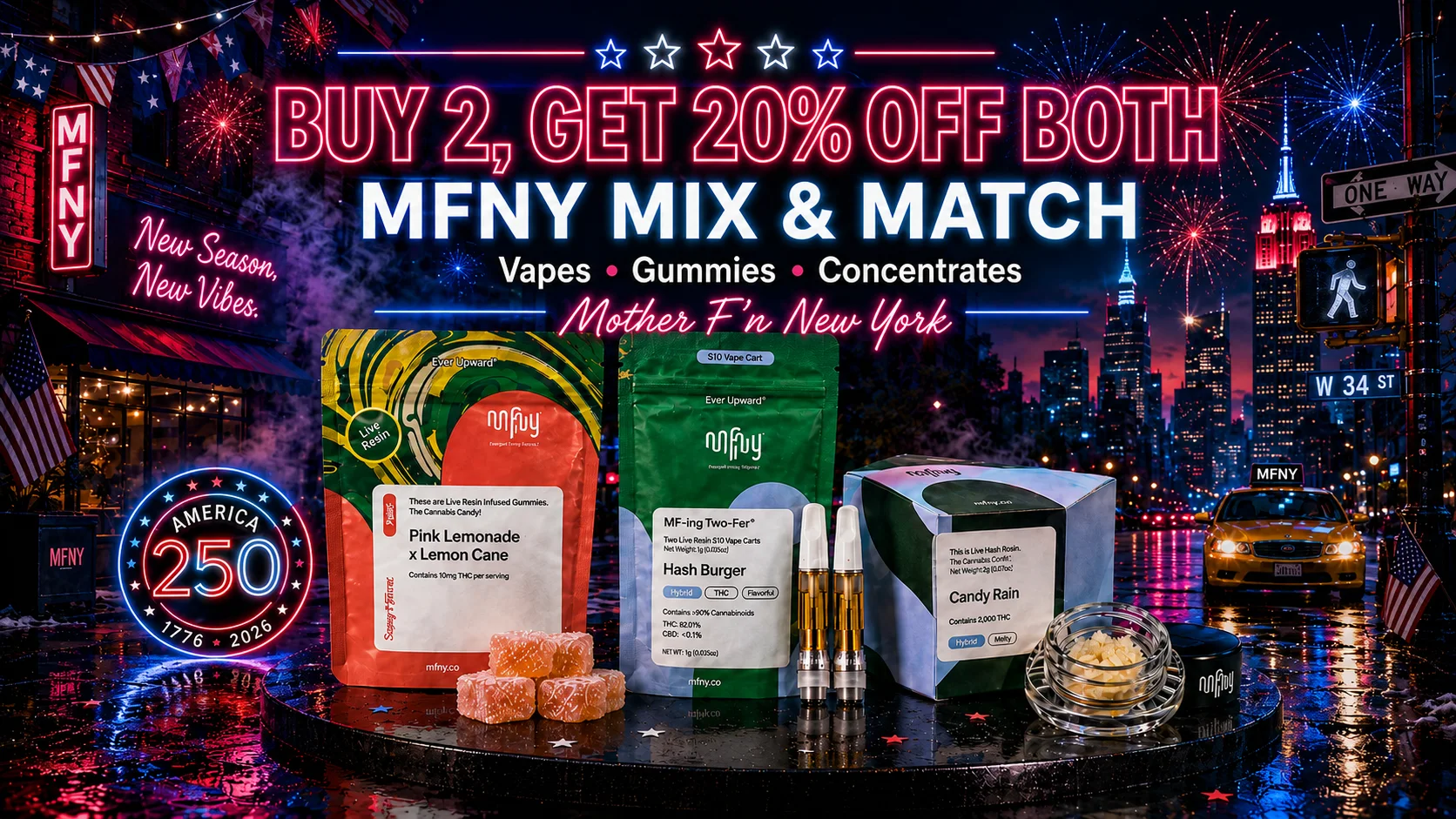 Leafology MFNY mix and match banner: buy any 2 MFNY vapes, gummies, or concentrates and get 20% off both