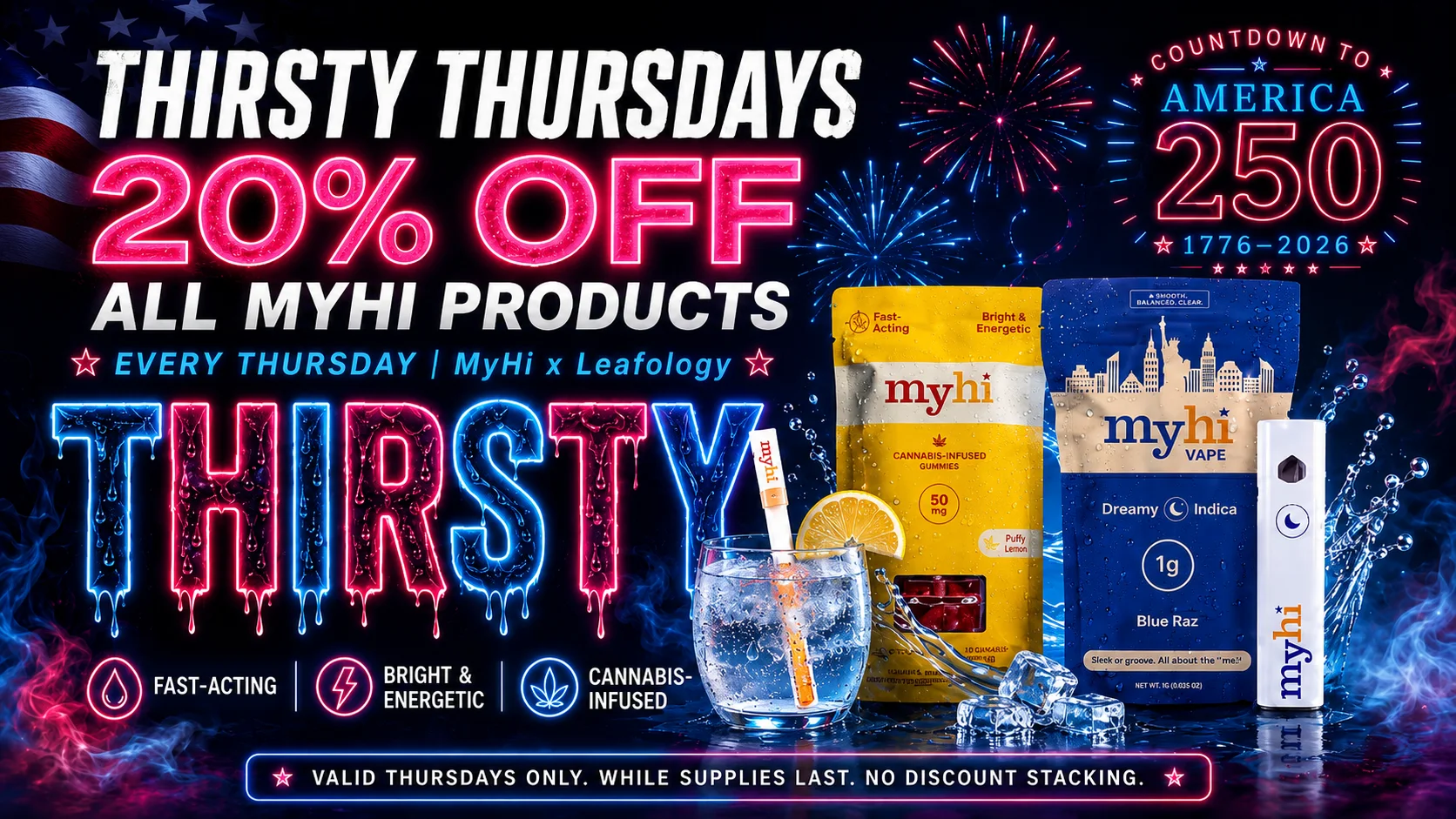 Leafology Thirsty Thursdays banner: 20% off all MyHi products every Thursday, a MyHi x Leafology collab, no discount stacking