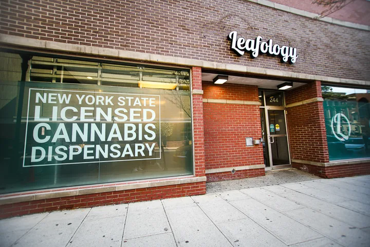 Daytime view of Leafology dispensary storefront in White Plains, NY