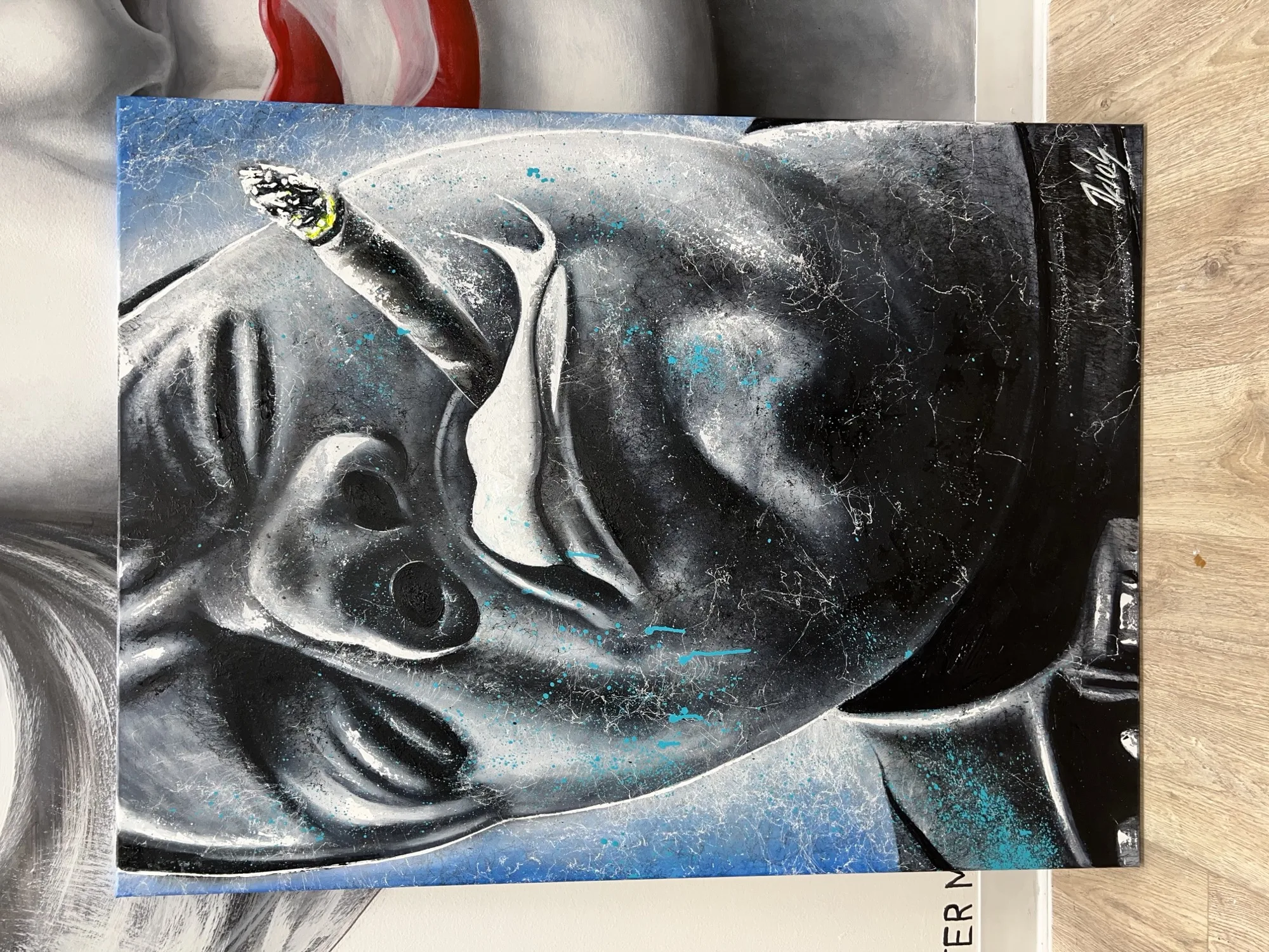 Canvas painting of an astronaut smoking: interior art piece at Leafology