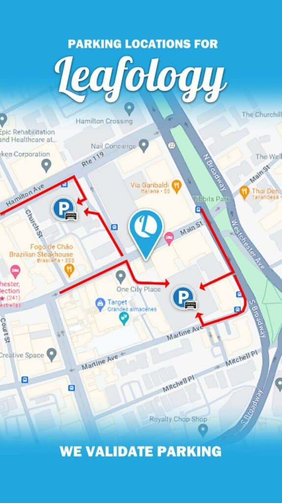 Map of validated parking near Leafology — White Plains City Center Garage at 237 Martine Avenue, 60-second walk to the Leafology storefront on Main Street
