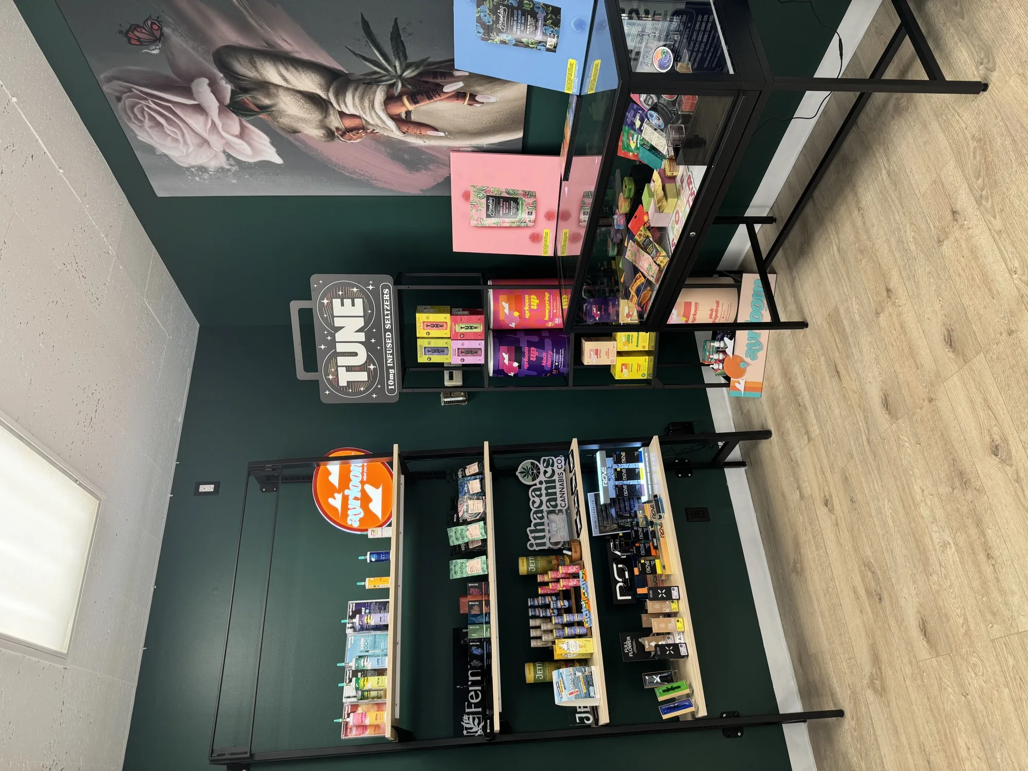 Leafology shelves with cannabis vapes, pre-rolls and TUNE infused seltzers