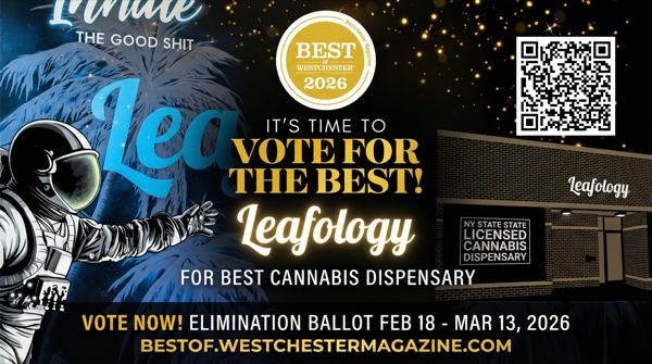 Best of Westchester badge on display inside Leafology Cannabis Company at 244 Main Street, White Plains
